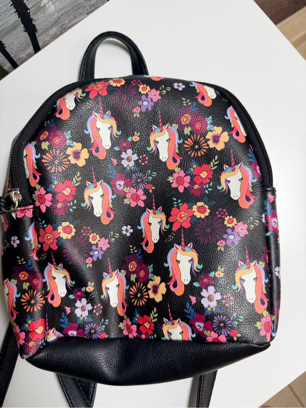 Kids Floral Unicorn Mini Backpack - Black
